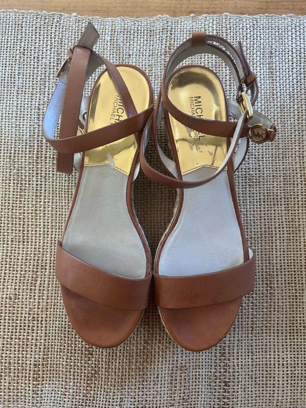 Michael Kors Brown Leather Wedge Sandals w/Ankle Strap&Braided Raffia Platform10